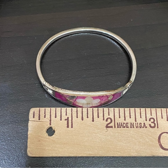 Vintage Alpaca Mexico Mexican Silver Mother of Pearl Inlaid ID Cuff Bracelet - Picture 8 of 13